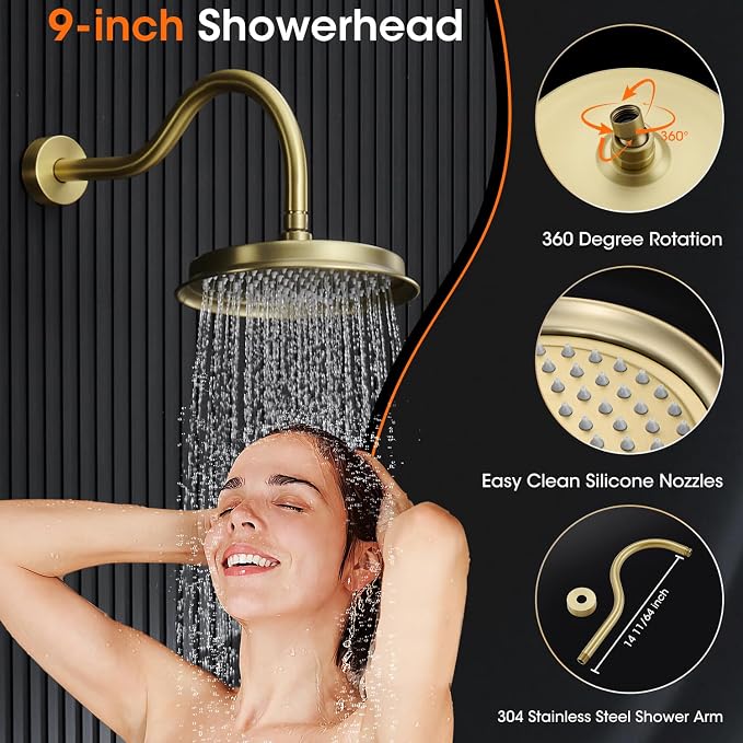 Antique Shower Faucet Set Brushed Gold, 9 inch High Pressure Rainfall Shower - Image 7
