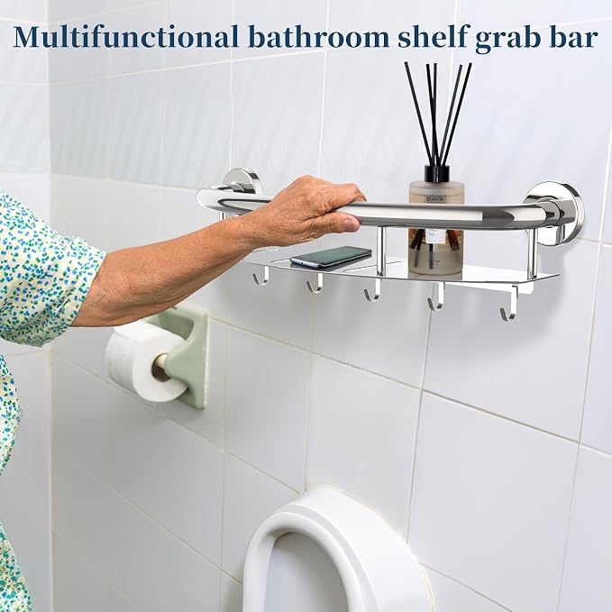 Polished Chrome Shampoo Shelf Grab Bar 18 Inch, Zepolu Stainless Steel 2-in-1 - Image 3