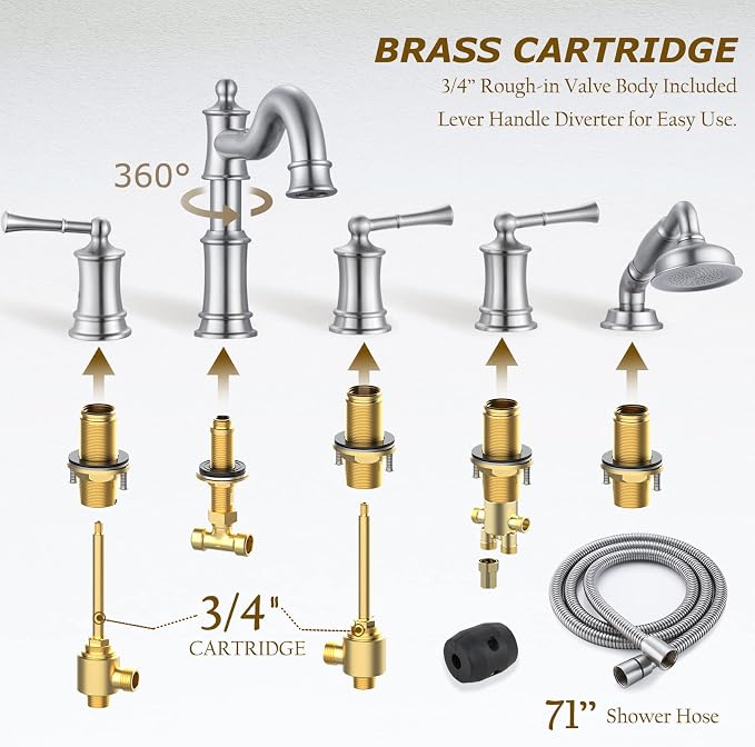 Roman Tub Faucet Set With Handheld Shower 5 Hole Deck Mount Tub Filler With - Image 4