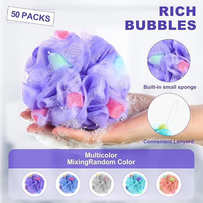 CHENGU 50 Pack Loofah Sponge Bath Sponge Shower Loofah Mesh Shower Ball Bath - Image 3