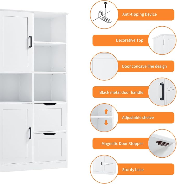Tall Wide Storage Cabinet with 2 Doors, 2 Drawers, and Adjustable Shelves - Image 7