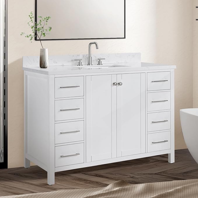 48’’White Bathroom Vanity with Sink, Solid Wood Bathroom Cabinet with Carrara - Image 7