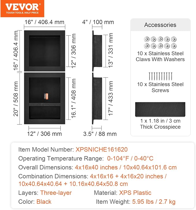 VEVOR Shower Niche Ready for Tile 16" x 16" & 16" x 20", Triple Shelf Organizer - Image 9