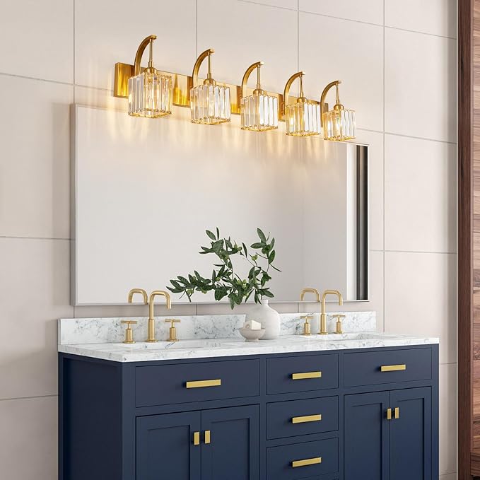 5-Light Crystal Vanity Light, Modern Gold Bathroom Wall Sconce - Image 6