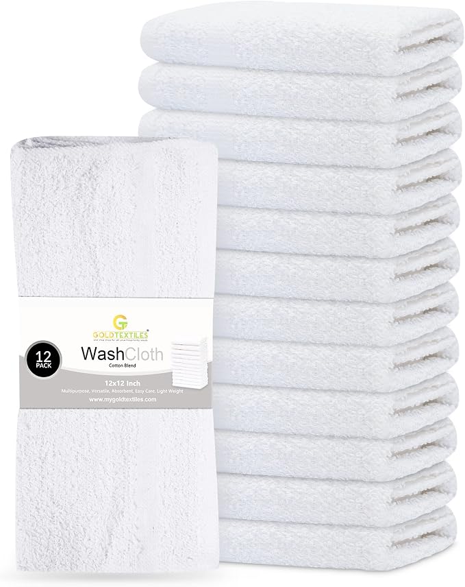GOLD TEXTILES 12 Pack Economy White Washcloths Set by GOLDTEXTILES