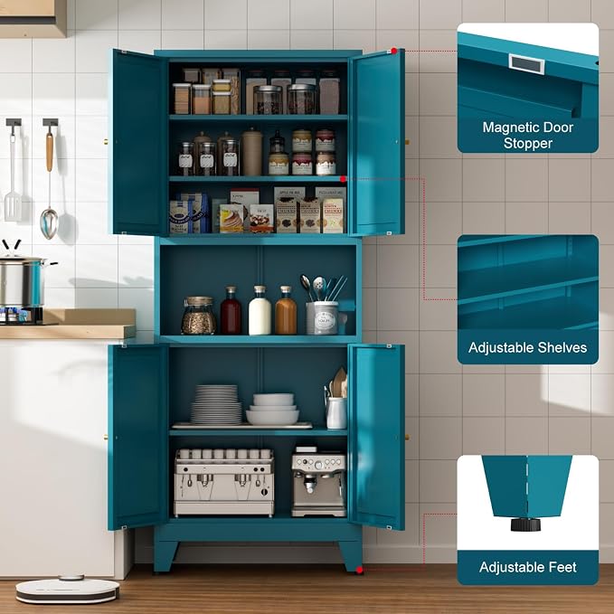 Metal Kitchen Pantry Cabinet, Freestanding Cupboards - Image 4