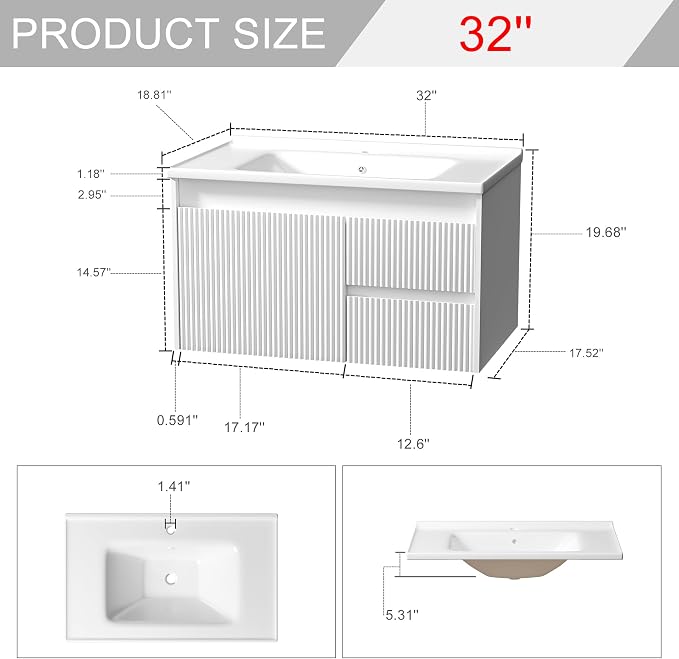 Floating Bathroom Vanity with Sink, 32 Inch Wall Mounted Bathroom Vanity with 2 - Image 2