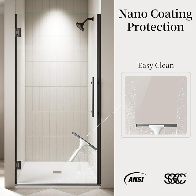 35.6-35.8" x 72" Frameless Hinged Shower Door, Single Swing Shower Panel - Image 3