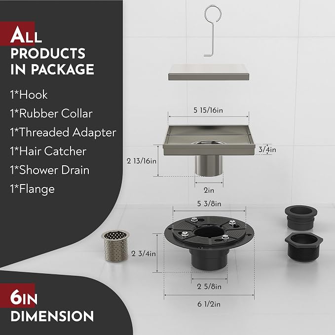 WEBANG 6 Inch Square Shower Drain Nickel Floor Drain - Image 2