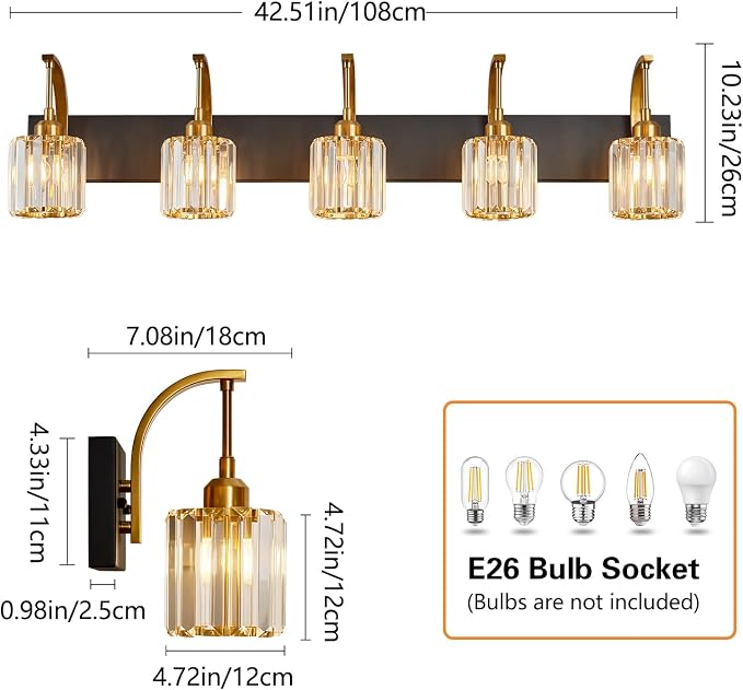 5-Light Crystal Vanity Light, Modern Black Gold Bathroom Wall Sconce - Image 4