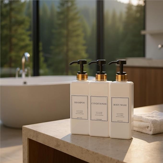 Modern Gold Design Pump Bottle Set 27 oz Refillable Shampoo and Conditioner - Image 3