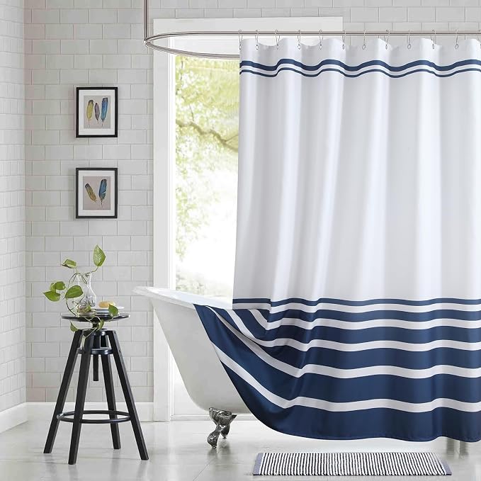 Blue and White Striped Shower Curtain 72x78 Inches, Waterproof Fabric by BESTRIPES