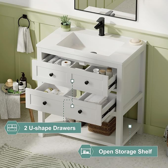 30 Inch Bathroom Vanity with Sink, Farmhouse Storage Cabinet with Drawers & - Image 4