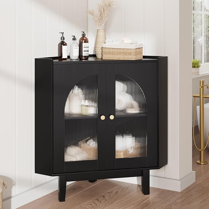 Floor Corner Cabinet with Doors and Shelves, Fluted Storage Cabinet by vividwood