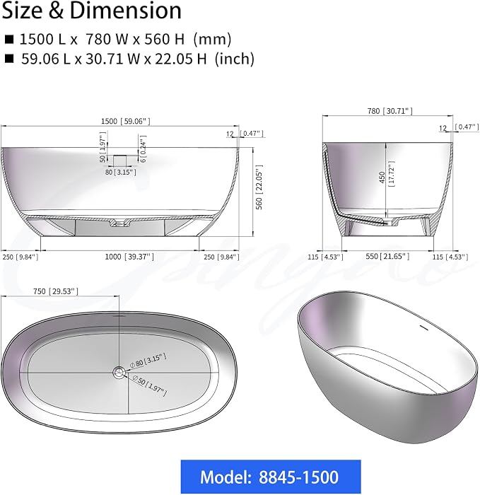 Cpingao 59" Stone Resin Freestanding Bathtub, Elegant Oval Shape Soaking Tub - Image 6
