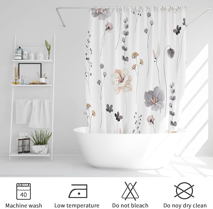 Gibelle Watercolor Floral Shower Curtain 72x72 Inch, Charcoal Grey Beige Flower - Image 2