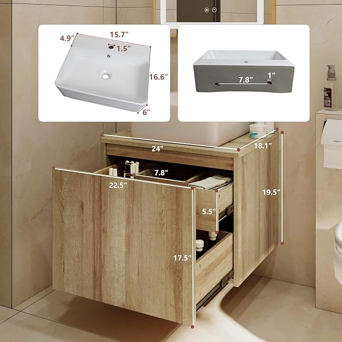 Bathroom Vanity with Sink, Bathroom Vanities， Natural Color Wall-Mounted - Image 2