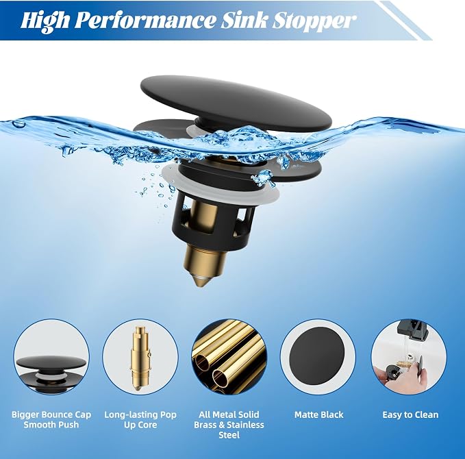 Hibbent All Metal 2 in 1 Bathroom Sink Stopper, Universal Pop Up Drain Strainer - Image 2
