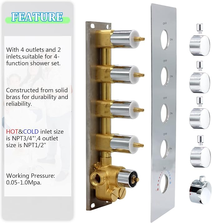 HOMEDEC 4-Way Shower Diverter Valve Can Run Together, Concealed Thermostat 5 - Image 6