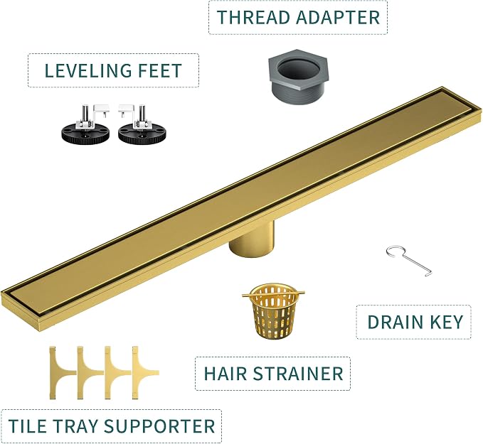 Linear Shower Drain 26", Brushed Gold Floor Drain - Image 3