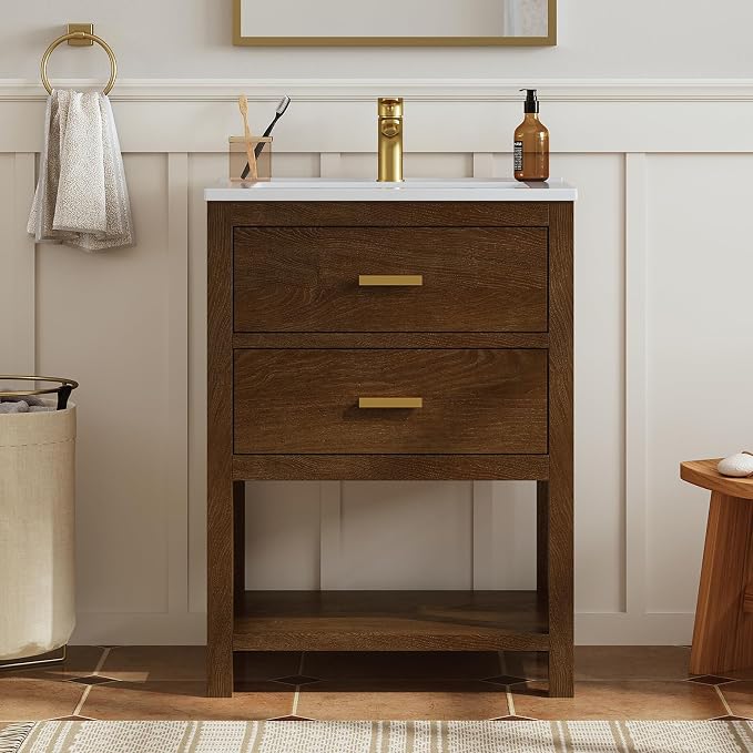 24 Inch Bathroom Vanity with Sink, Farmhouse Storage Cabinet with Drawers & by DELUXELIVING