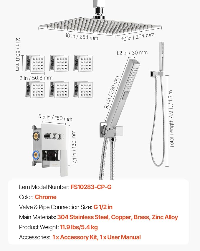 VEVOR Shower Faucet Set, 10 Inch Ceiling Mount Rainfall Shower System - Image 7