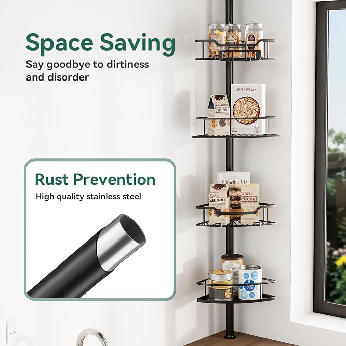 Corner Shower Caddy Tension Pole, 4 Tier Rustproof Shower Tension Rod Organizer - Image 3