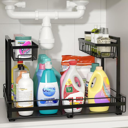 NADAMOO Expandable Under Sink Organizer 2-Tier Black Metal Storage Shelf by NADAMOO