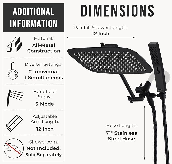 G-Promise All Metal 12 Inch Dual Square Shower Head - Image 6