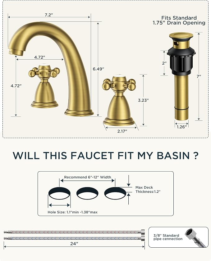 FORIOUS Brushed Gold Bathroom Faucet, Bathroom Sink Faucet 3 Hole - Image 2