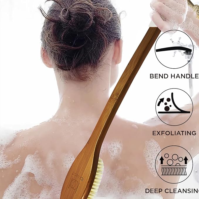 ICANdOIT-17.71Inch Natural Boar Bristles Anti-Slip Curved Long Handle Bath Brush - Image 6