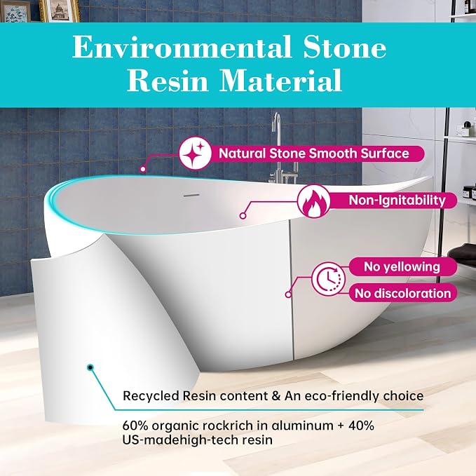 63'' Solid Surface Freestanding Bathtub Matte Soaking Bathtubs Tubs Oval Resin - Image 2