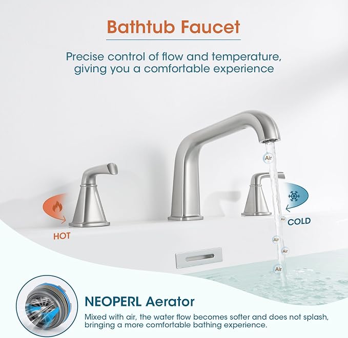 Bathtub Faucet Set 3 Hole, Brushed Nickel Roman Bathtub Faucet, High Flow Deck - Image 6