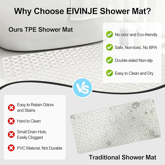 Non Slip Shower Mat with Suction Cups, 31.5x47.2 Inch Quick Drain TPE Anti Slip - Image 6