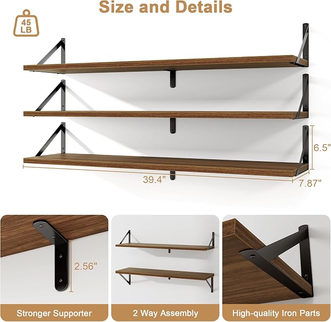 Fun Memories Long Wall Shelves for Bedroom, Rustic Wood Display Shelf for Home - Image 2