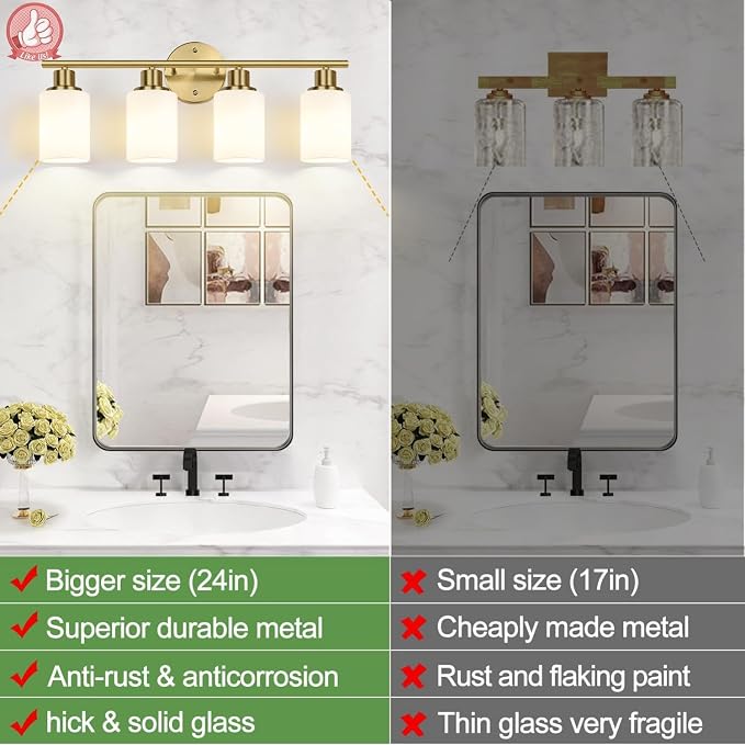 4-Light Bathroom Light Fixtures, Brushed Gold Modern Vanity Lights - Image 2