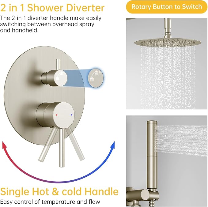BESy Shower System with 10 Inch Round Rain Shower Head and Handheld Wall Mounted - Image 4