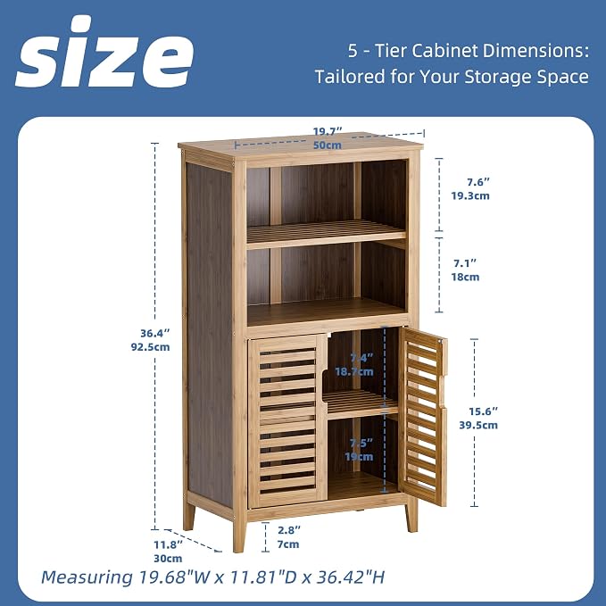 HITNET Walnut Bathroom Floor Cabinet, Bamboo Side Tall Storage Organizer - Image 3