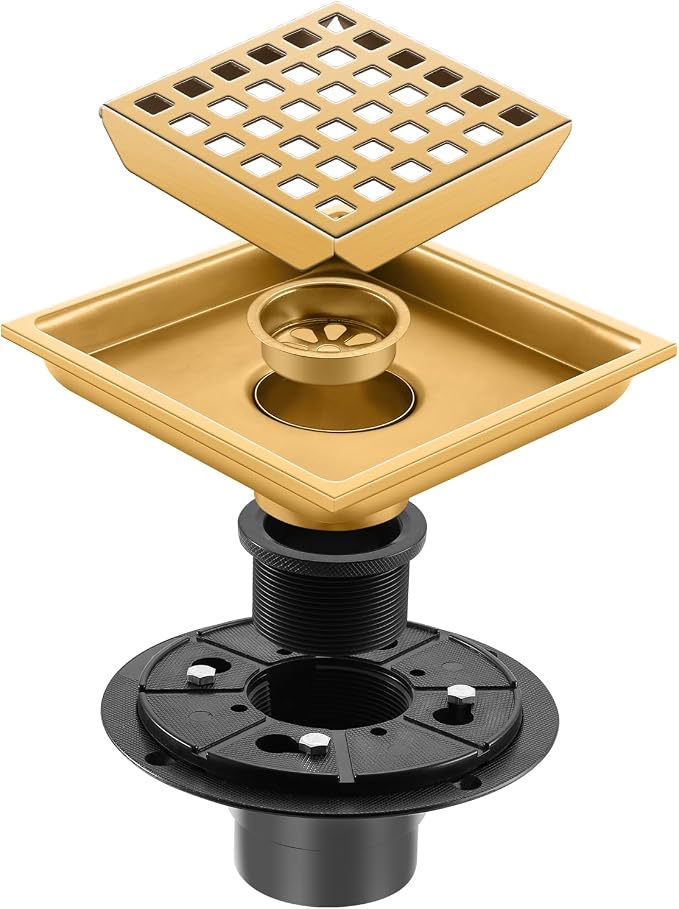 Shower Drain, Brushed Gold 4 inch Shower Floor Square Drain - Image 3