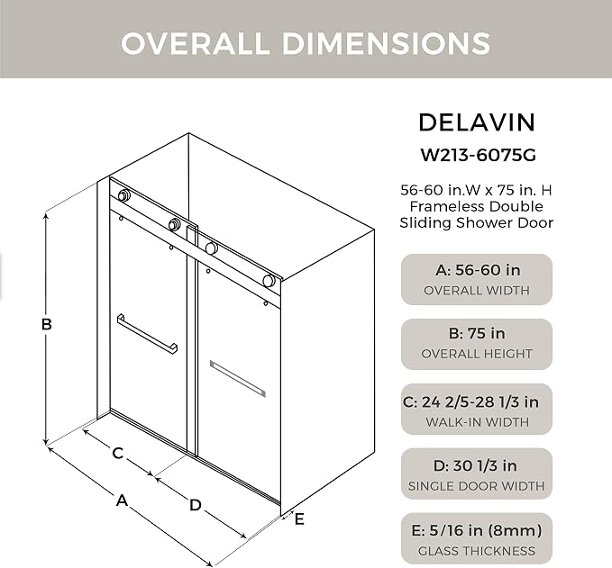 DELAVIN 56"-60" W x 75" H Frameless Shower Door, Double Sliding Shower Door - Image 8