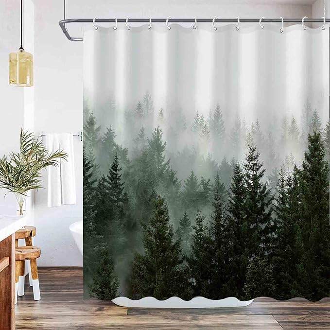 Aipon Green Misty Forest Shower Curtain Nature Tree Shower Curtain Set Dark by Aipon