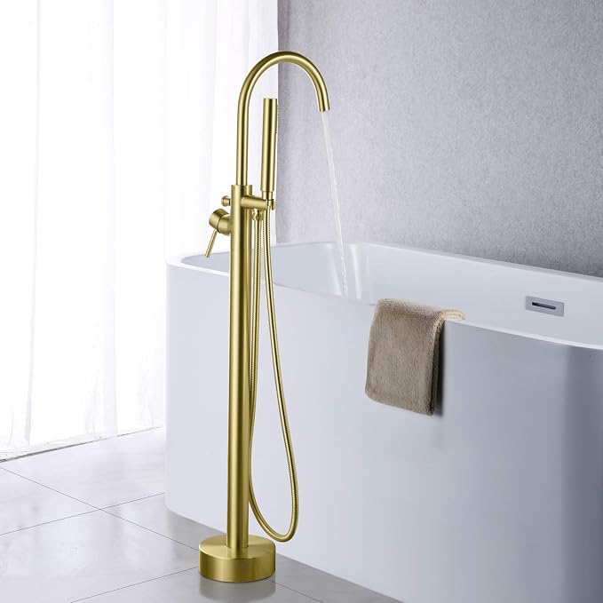 Freestanding Bathtub Faucet Tub Filler Brushed Gold Single Handle Floor Mounted - Image 3