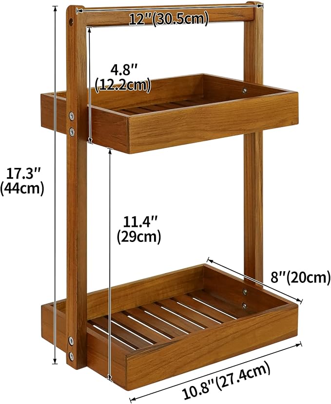 Utoplike Teak Wood Shower Caddy Corner, 2 Tier Bathroom Organizer Countertop - Image 2