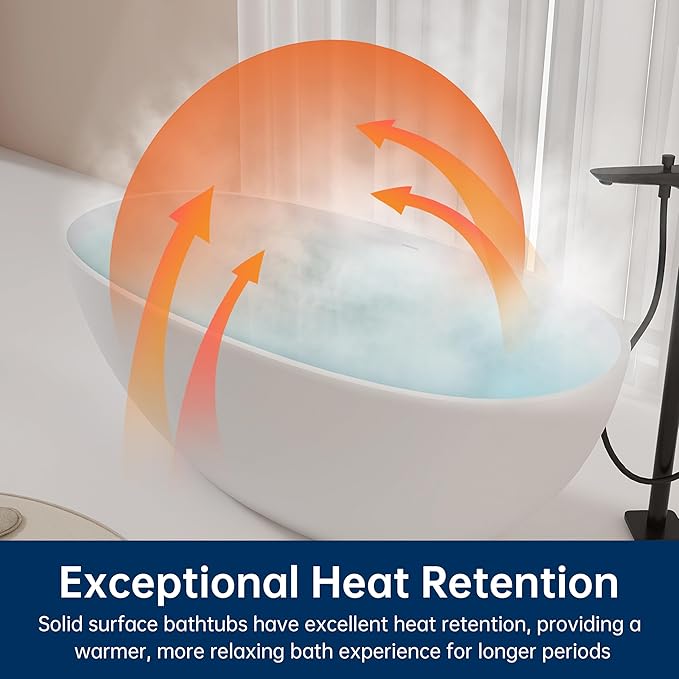 61'' Resin Stone Soaking Bathtub Oval Solid Surface Freestanding Soaking - Image 5