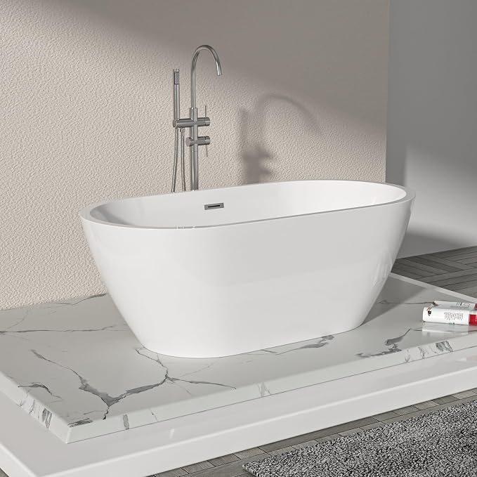 Logmey 59 Inch White Acrylic Freestanding Bathtub - Image 2