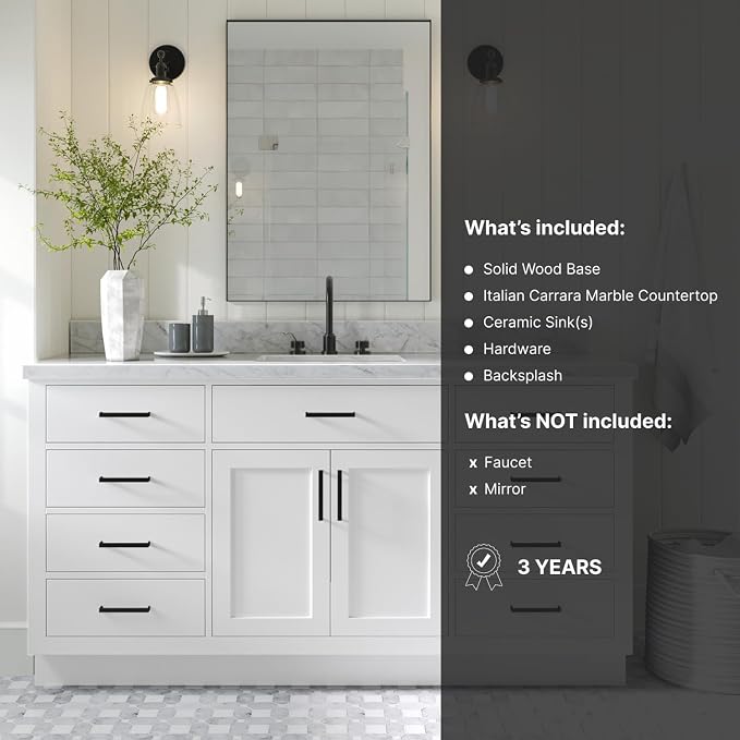 ARIEL 67" White Bathroom Vanity, 1.5" Edge Italian Carrara Marble Countertop & - Image 5