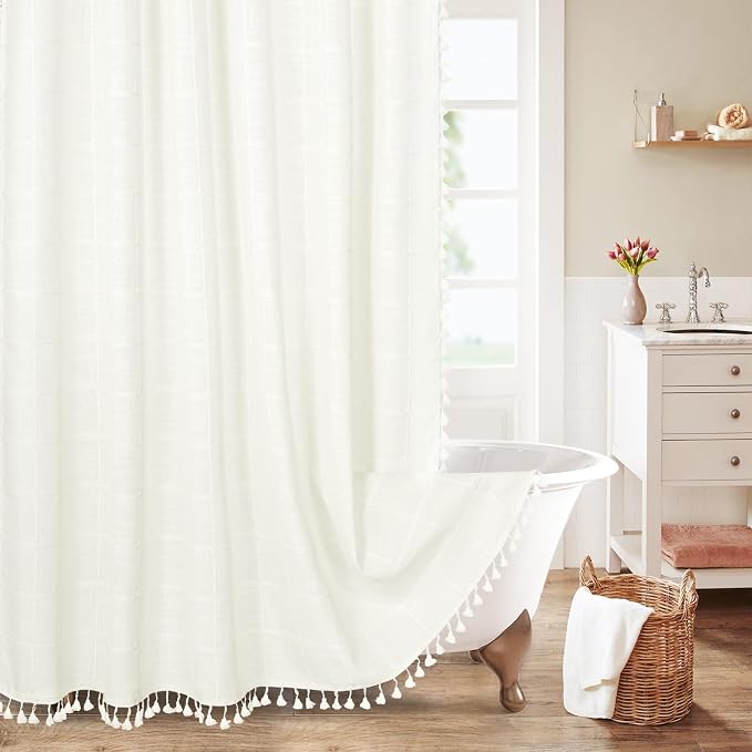 MitoVilla Modern Farmhouse Shower Curtain Set, Off White Boho Cloth Shower by MitoVilla