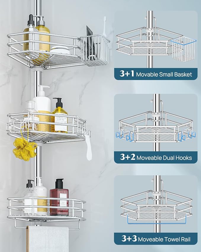 SEIRIONE Corner Shower Caddy Tension Pole, Quick Setup, Rust-Free Bathroom - Image 6