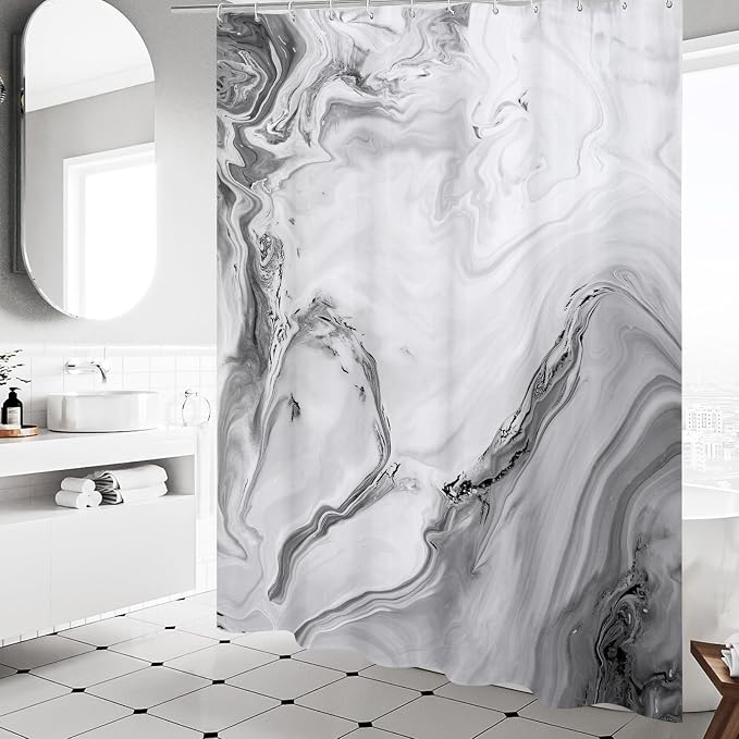 MitoVilla Grey Marble Shower Curtain, Abstract Ombre Fabric Shower Curtains - Image 2