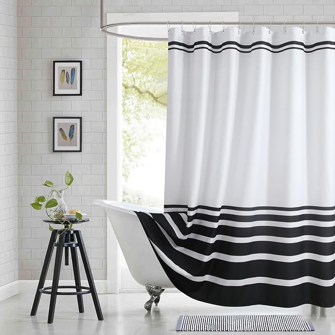 White and Black Striped Shower Curtain 72x78 Inches, Waterproof Fabric by BESTRIPES